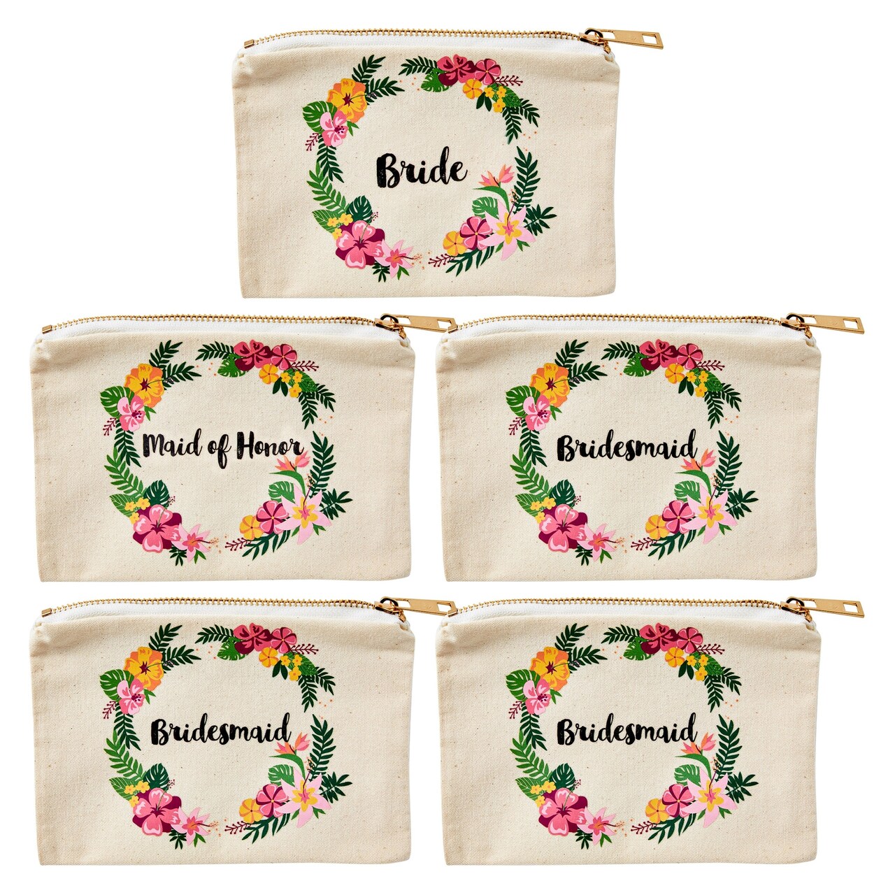 Set of 5 Floral Bridesmaid Makeup Bag Gifts for Wedding Day, Bridal Shower, Bachelorette Party Favors (7 x 4 Inches)